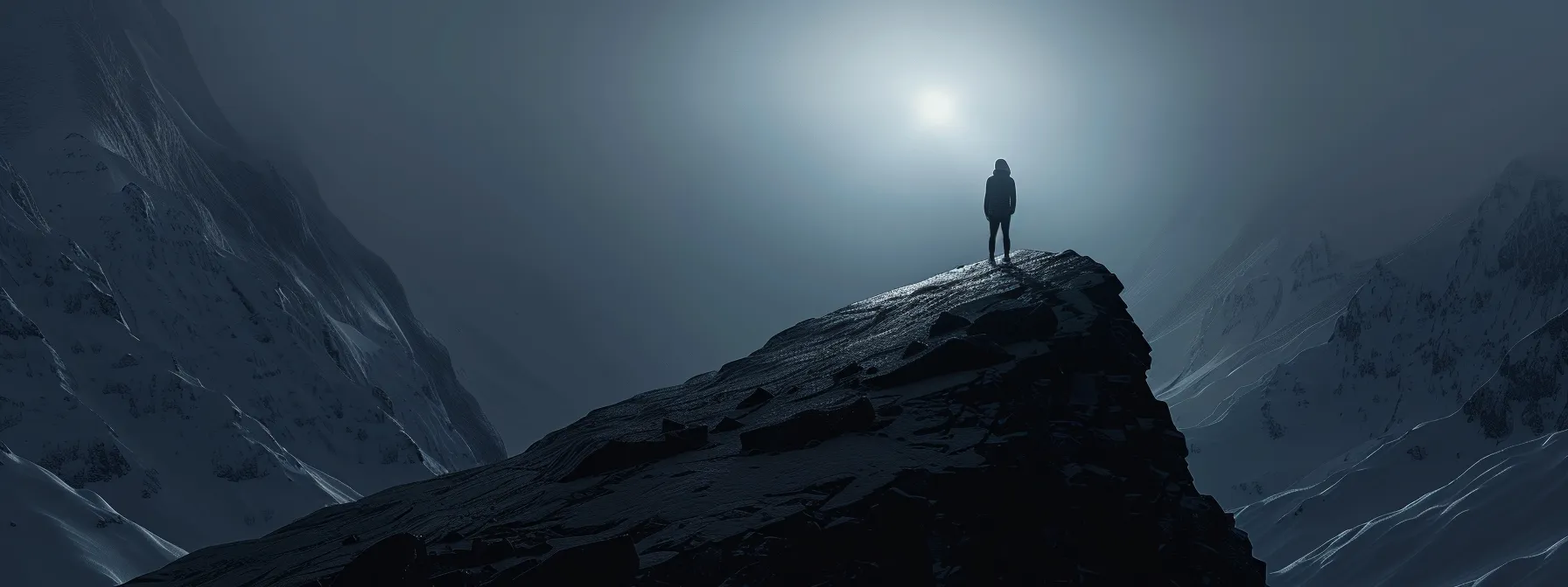 a determined individual standing at the top of a mountain, looking out at a clear path ahead towards their goals and success.