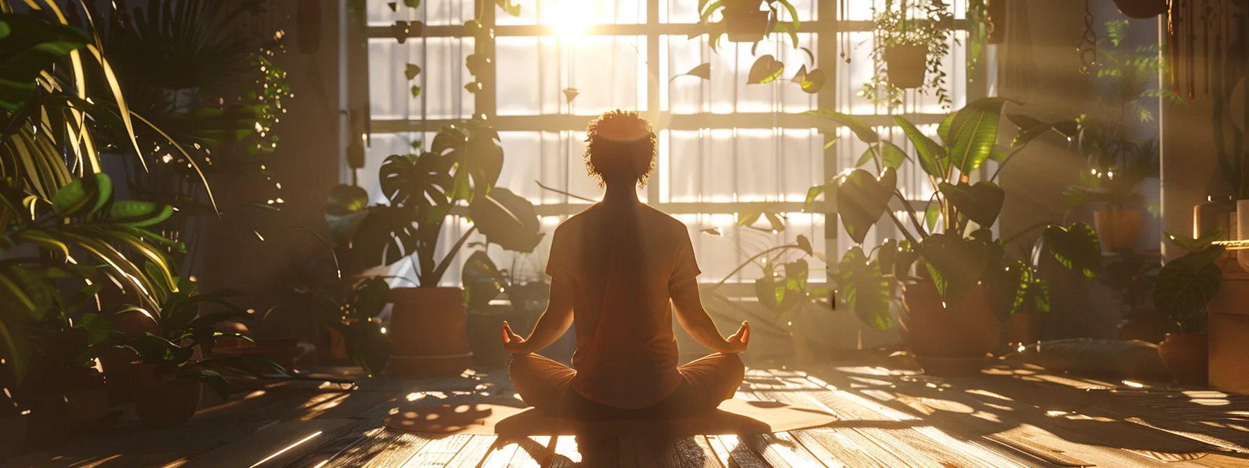 a person sitting cross-legged in a peaceful, sunlit room, eyes closed in deep meditation, surrounded by plants and calming decor to enhance mindfulness and resilience-building.