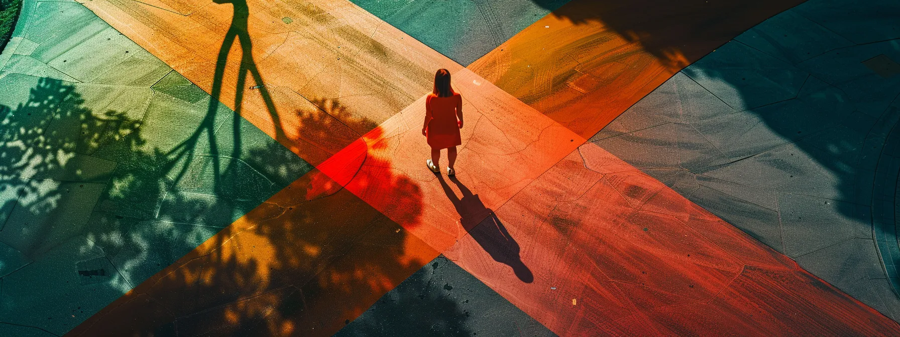 a person standing at a crossroads, one path leading to growth with bright colors and opportunities, the other to stagnation with dull hues and obstacles.