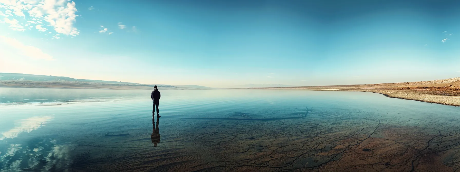 a person standing at the edge of a vast, tranquil lake, gazing inward with a contemplative expression, symbolizing the transformative journey of self-conquest and personal development.