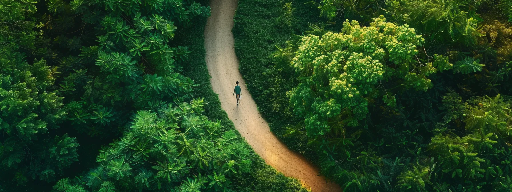 a person standing on a winding path surrounded by lush greenery, symbolizing the journey of committing to continuous growth and personal development.