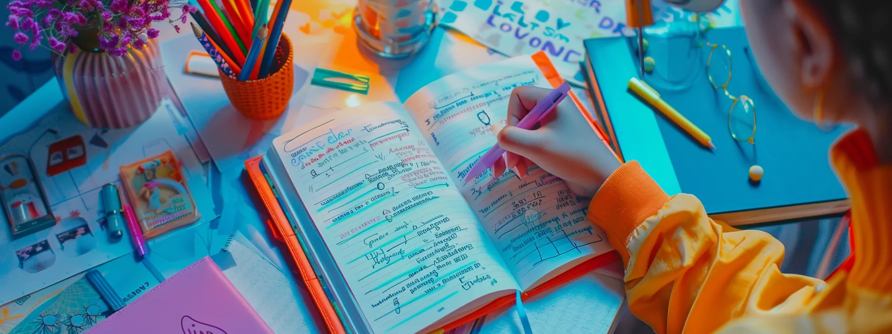 a person writing their goals in a vibrant, organized planner, surrounded by motivational quotes and images of their dreams.